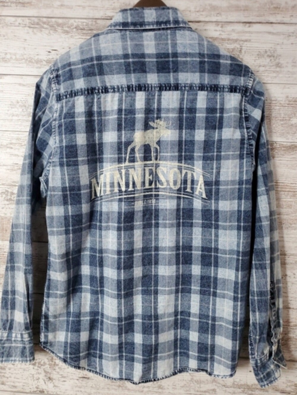 Minnesota Moose Denim Heathered Plaid Shirt Blue White Cotton Western Unisex